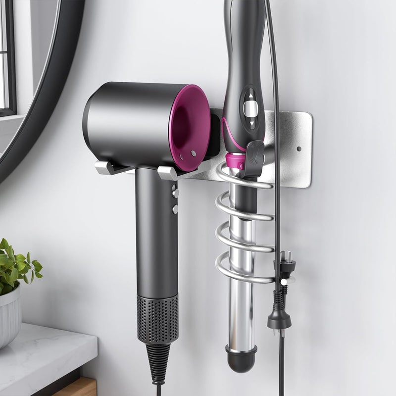 Tindbea Hair Dryer Holder + Curling Iron Holder,Blow Dryer Holder Wall Mount, Bathroom Hair Tool Organizer Rack for Universal Dryer Silver Color - Image 1